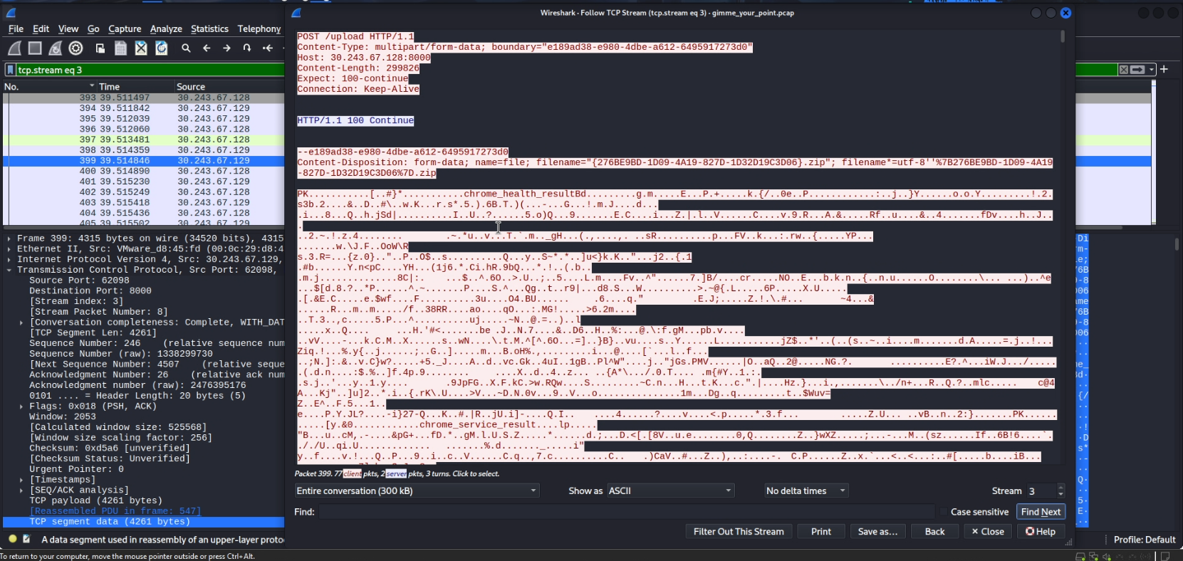 Wireshark — POST /upload request showing exfiltrated data
