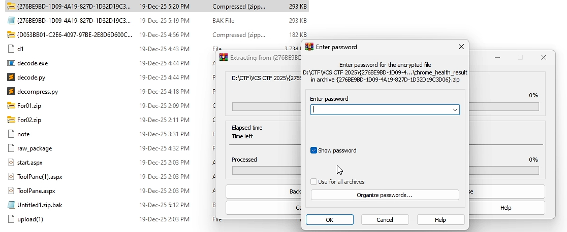 WinRAR password prompt — exfiltrated ZIP is password-protected