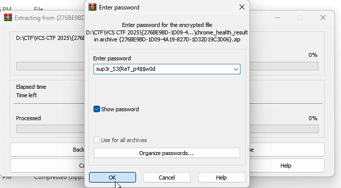 WinRAR — successful extraction with recovered password