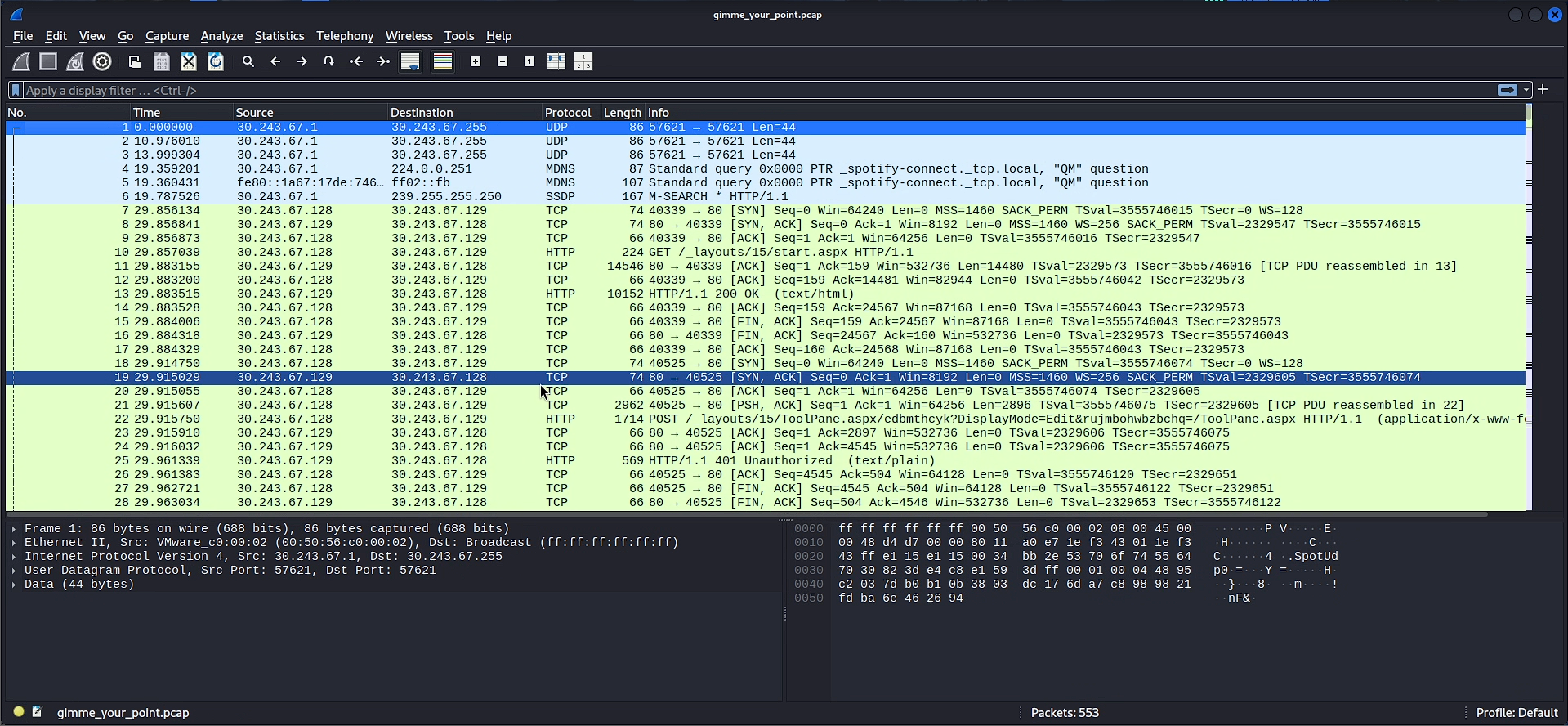 Wireshark PCAP overview — HTTP GET returning start.aspx