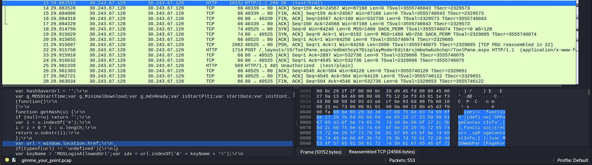 Wireshark — POST request to ToolPane.aspx with CompressedDataTable