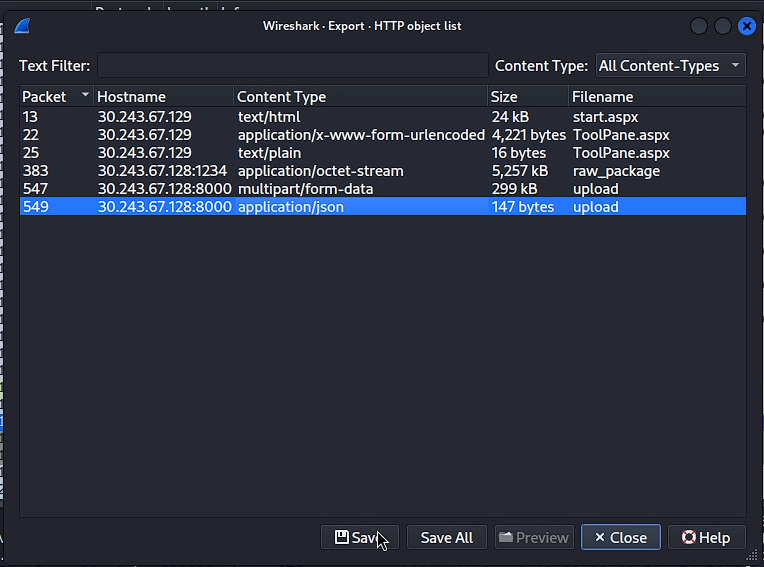 Wireshark HTTP Object Export dialog